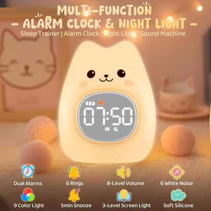 Cat Alarm Clock with Night Light for Kids with Sleep Training and Sound Machine, Rechargeable