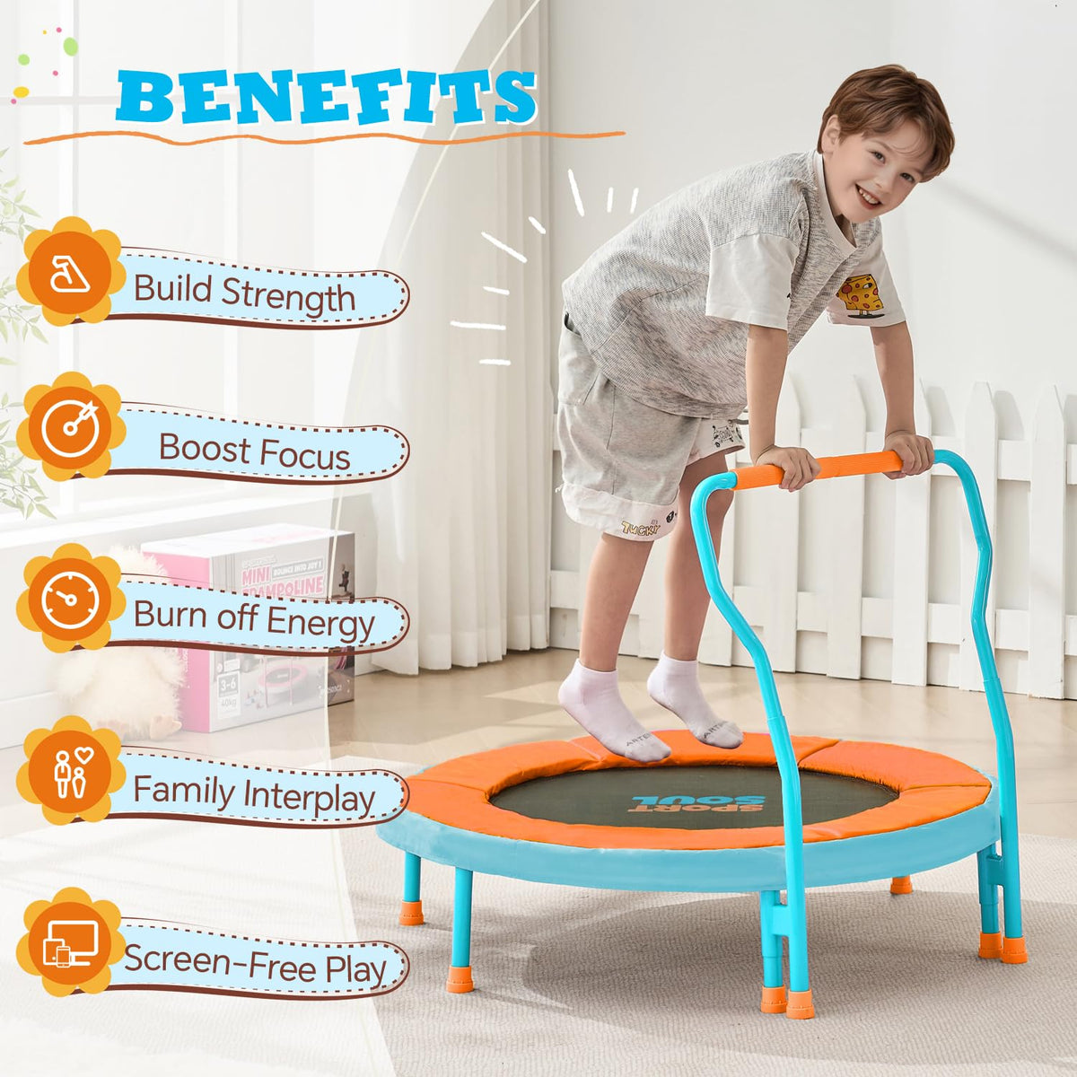 SPORTSOUL Mini Trampoline for Kids 3-6 with Super Safe Foam Handle Bar