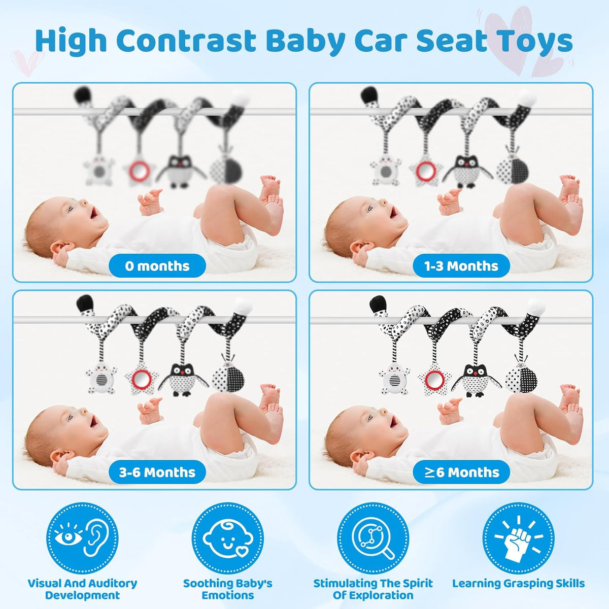 High Contrast Baby Toys - Black & White Hanging Toys for Car Seat, Stroller & Crib | Newborn