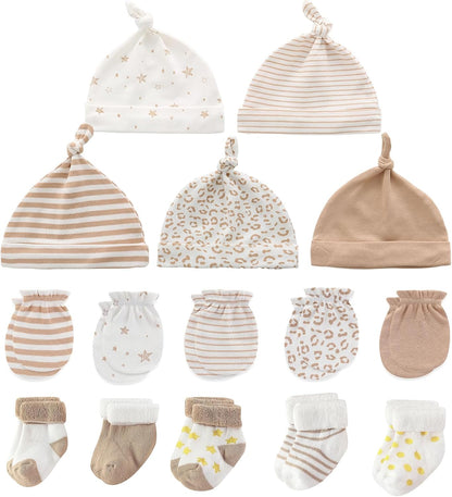 Newborn Baby Boy Girl Caps Mittens Socks Set Cotton Baby Essentials Accessories (Hats+Gloves+Socks)