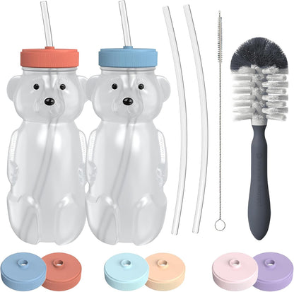 Honey Bear Straw Cup for Babies, 8oz Honey BearCup with Bottle Brush, 2-Pack Improved Lid Therapy