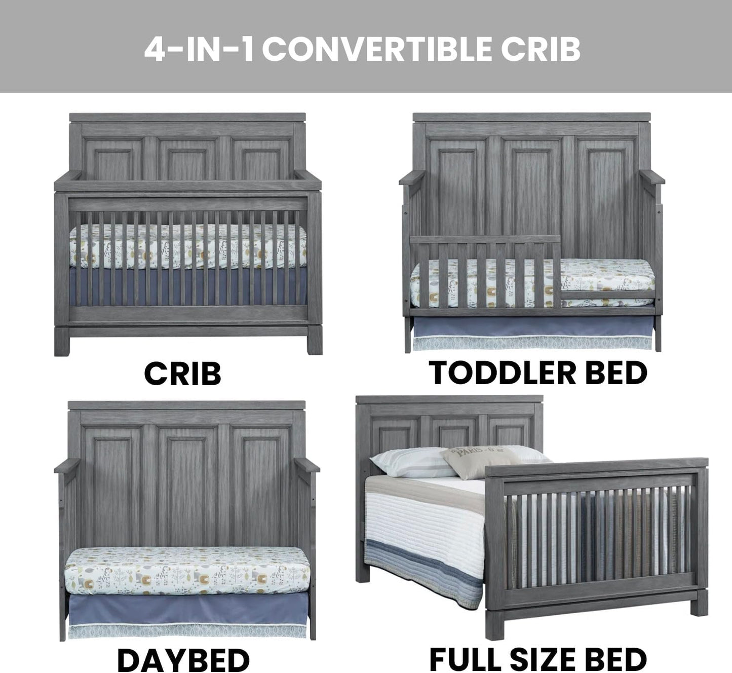 Soho Baby Manchester Premium 4-in-1 Convertible Crib, Flat-Top Headboard, Rustic Gray, GreenGuard