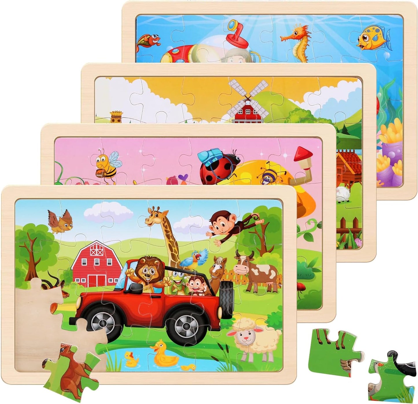 Wooden Puzzles Toys for Kids Ages 3-5, Set of 4 Packs with 20-Piece Farm, Animals Theme Wood Jigsaw