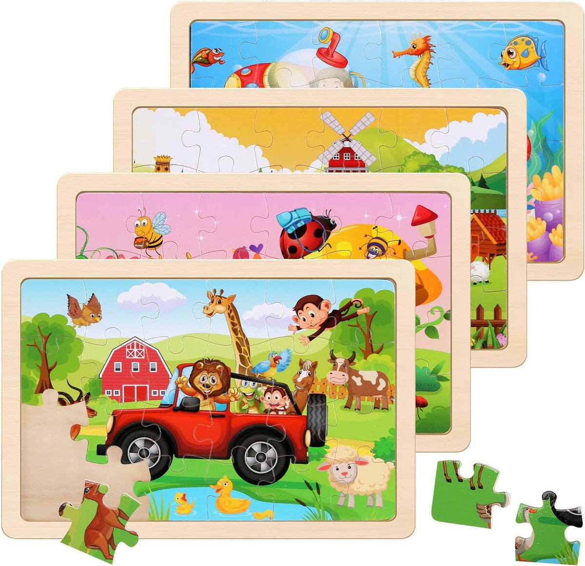 Wooden Puzzles Toys for Kids Ages 3-5, Set of 4 Packs with 20-Piece Farm, Animals Theme Wood Jigsaw