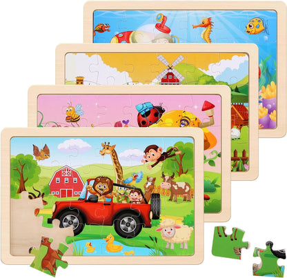 Wooden Puzzles Toys for Kids Ages 3-5, Set of 4 Packs with 20-Piece Farm, Animals Theme Wood Jigsaw