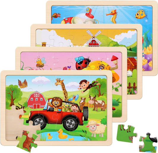 Wooden Puzzles Toys for Kids Ages 3-5, Set of 4 Packs with 20-Piece Farm, Animals Theme Wood Jigsaw