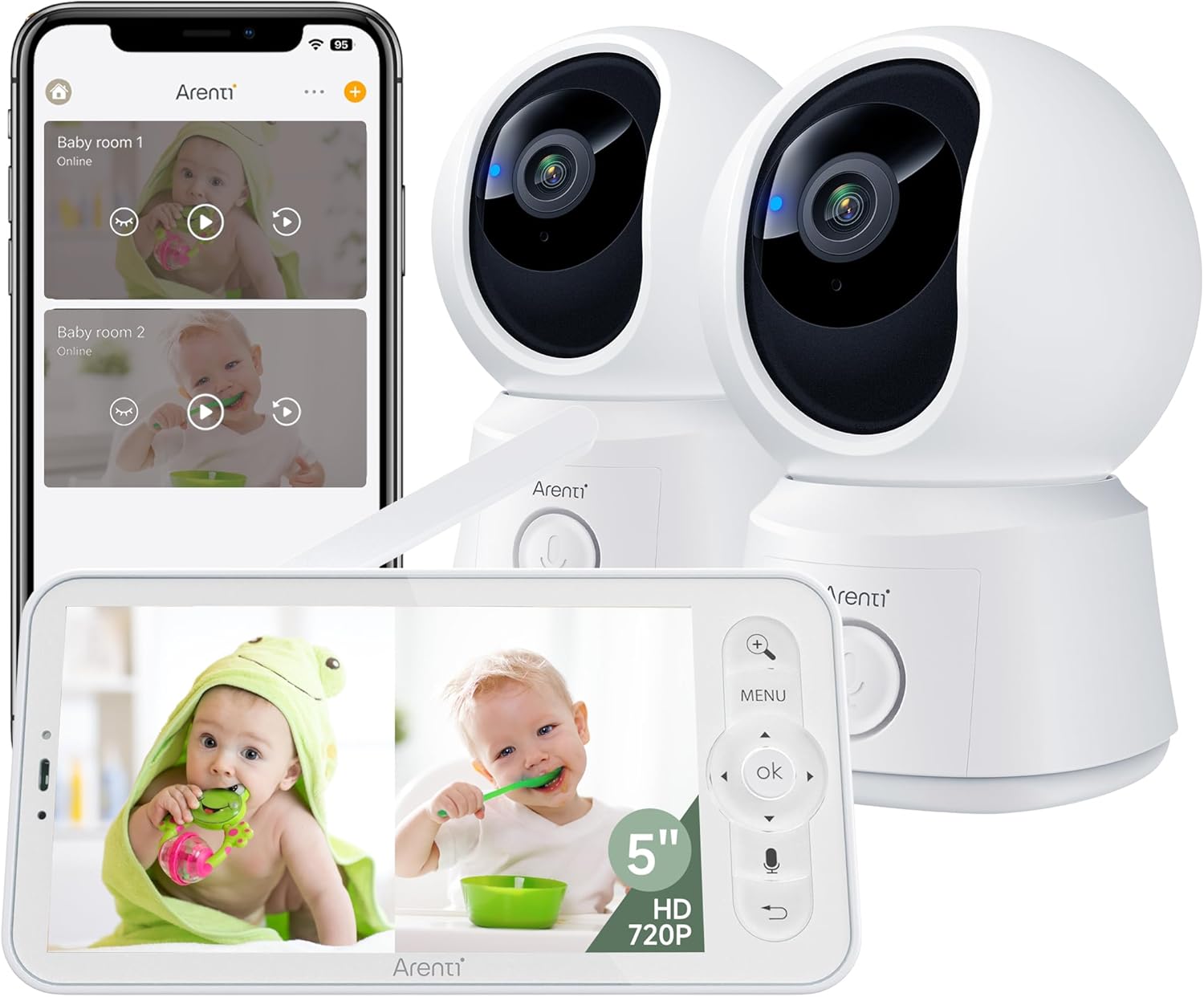 ARENTI Baby Monitor 2 Cameras, Smart Baby Camera with 5-Inch Wireless Display, Super Night Vision