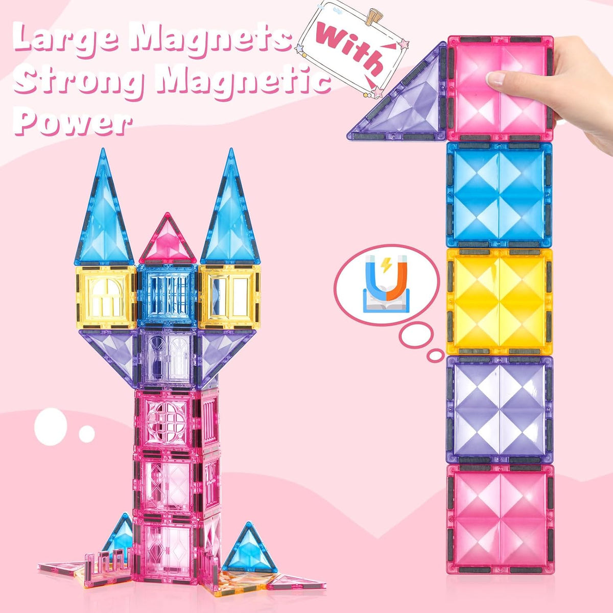 Pink Castle Magnetic Tiles for Kids Ages 3-8, 3D STEM Toys with Sparkling Building Blocks, Creative