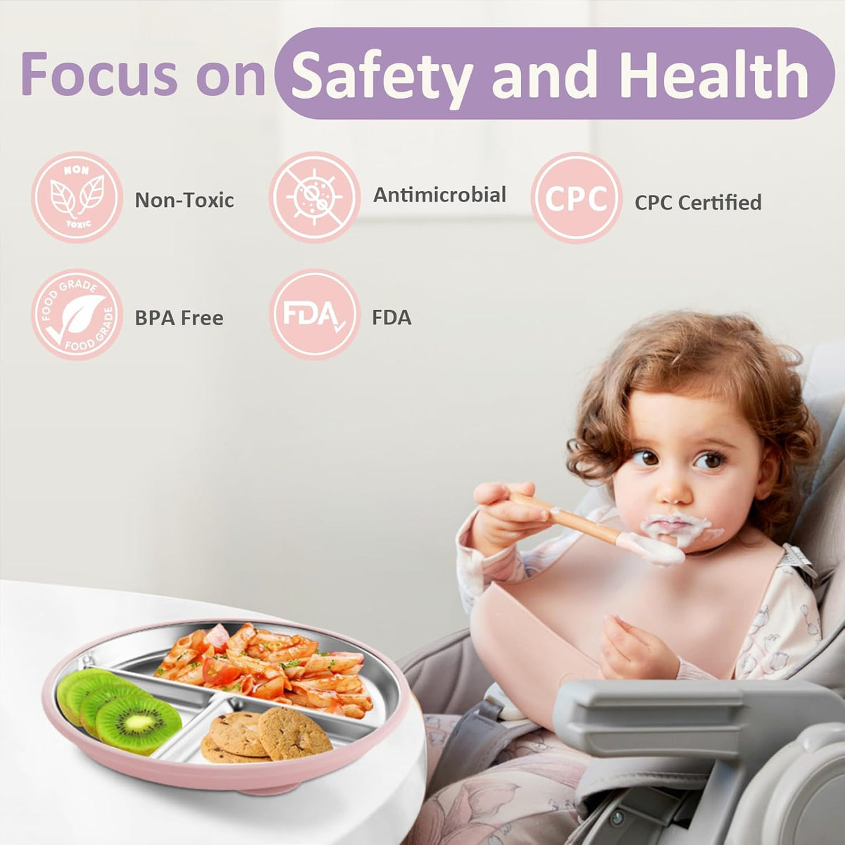 Stainless Steel Suction Plates for Toddlers, 9" Divided Kids Baby Plates with Removable Silicone