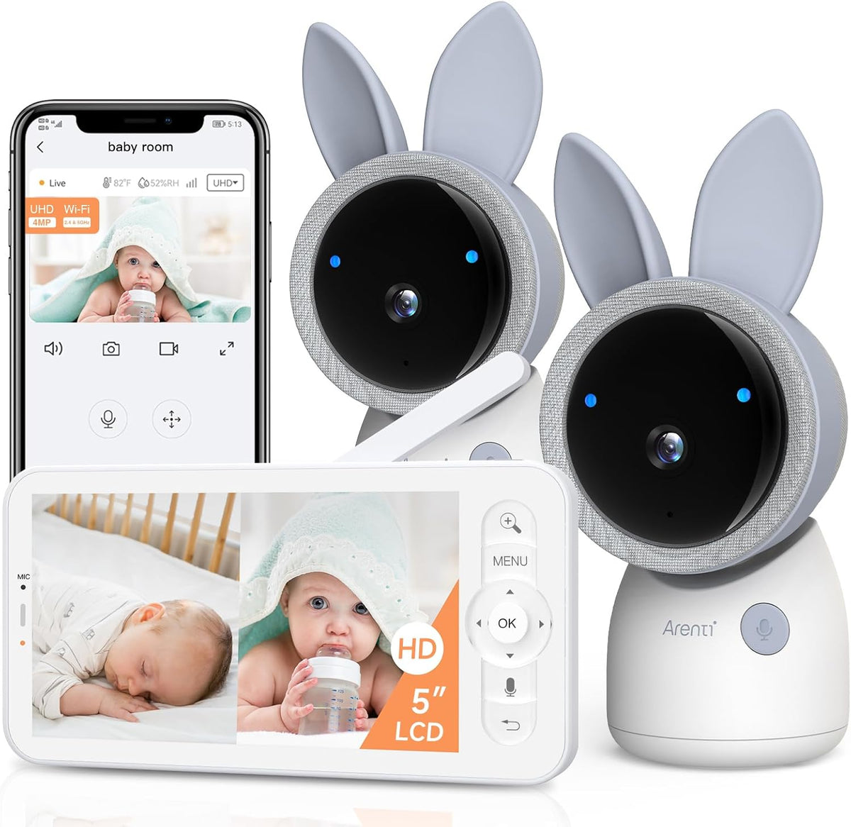 ARENTI 4MP 2.4G&5G WiFi Baby Monitor with 2 Cameras and Audio, Night Light, Auto Traking