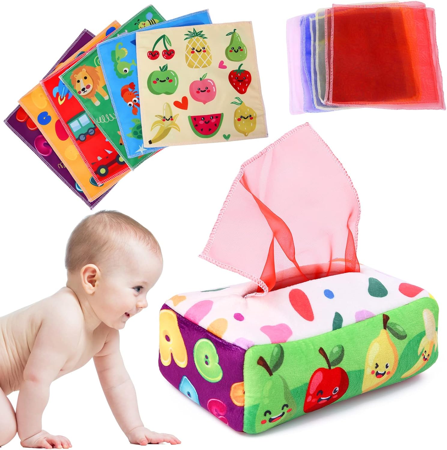 Baby Toys 6 to 12 Months - Tissue Box Toy Montessori for Babies 6-12 Months, Soft Stuffed High