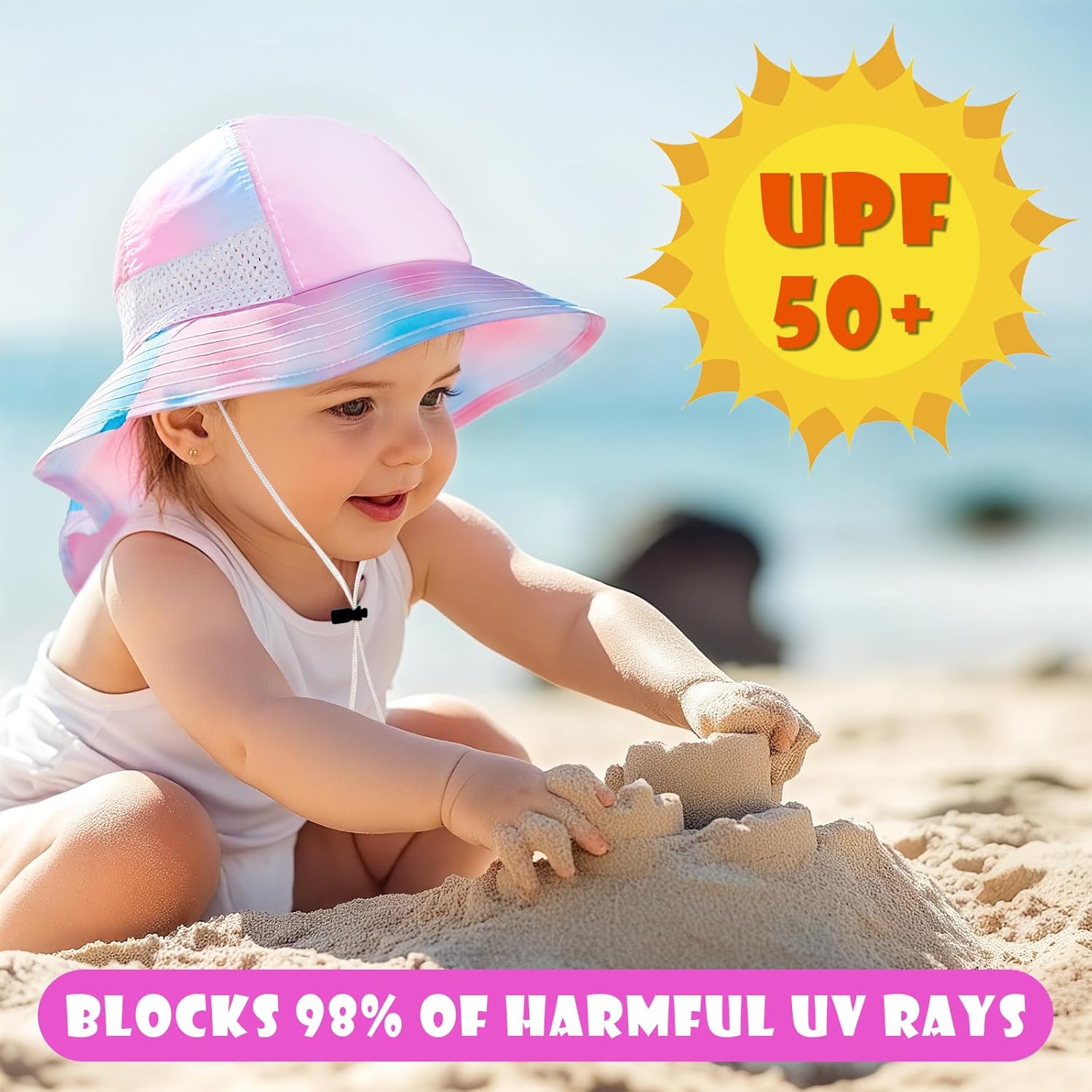 Toddler Baby Sun Hat Kids Summer UPF 50+ for Boys Girls Adjustable Beach Hats with Bucket Wide Brim