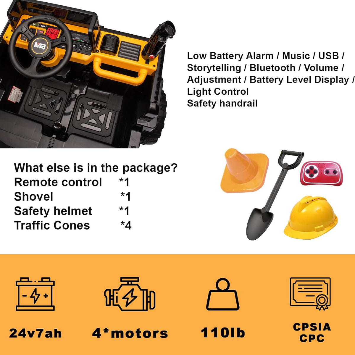 24V Ride On Dump Truck, 24inch-2 Seater Ride On Car for Kids w/Remote Control 4WD/2WD Up to 5 Mph