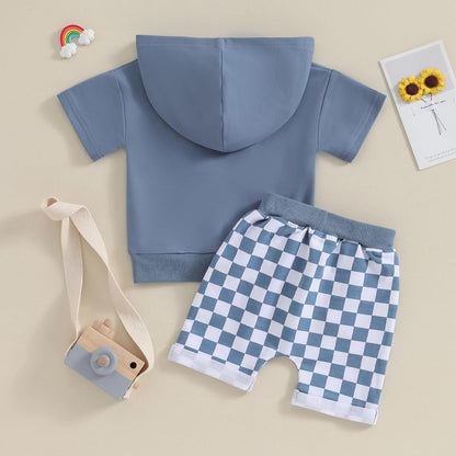 Toddler Baby Boy Summer Hooded Outfit Contrast Color Short Sleeve T Shirt Top Elastic Shorts Summer