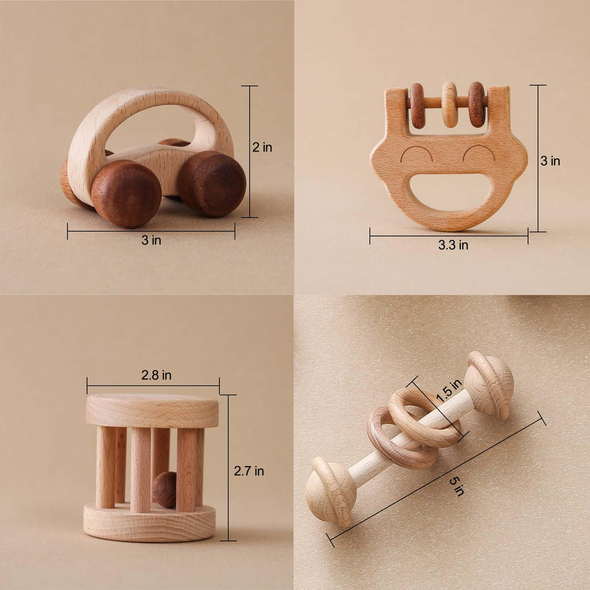 Wooden Baby Rattle Set, Newborn Wooden Rattle Toy, Natural Wooden Montessori Baby Grip Toy, Baby