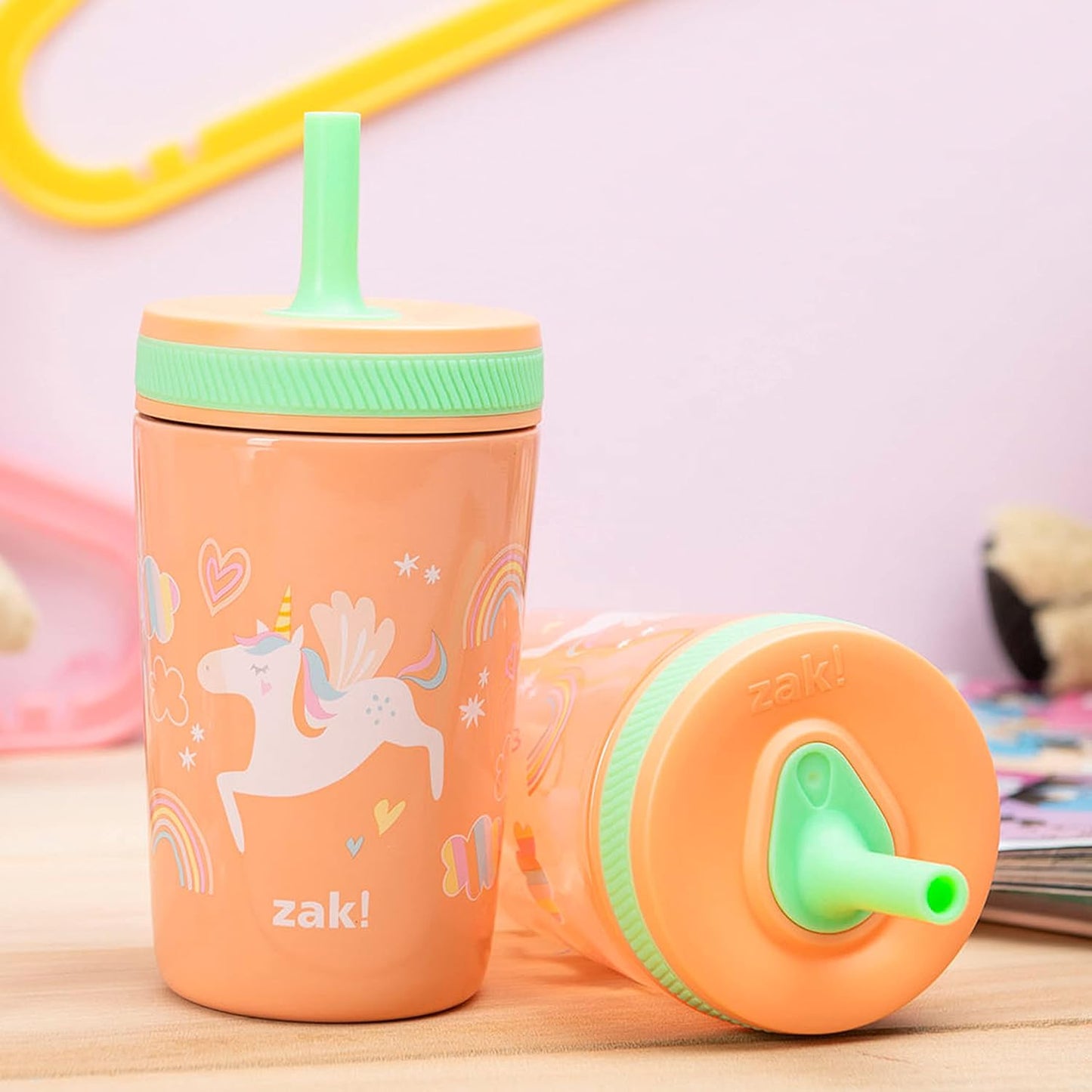 Zak Designs Unicorn Kelso Tumbler Set, Leak-Proof Screw-On Lid with Straw, Bundle for Kids Includes
