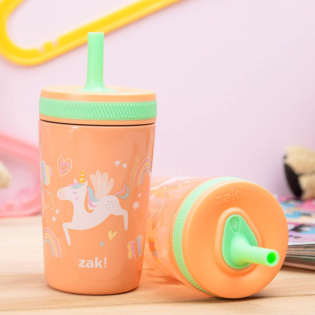 Zak Designs Unicorn Kelso Tumbler Set, Leak-Proof Screw-On Lid with Straw, Bundle for Kids Includes