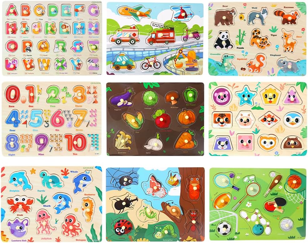 GRINNNIE 9 Pack Montessori Toddler Puzzle for 3 4 5 Years Old, Wooden Learning Puzzle for Toddlers