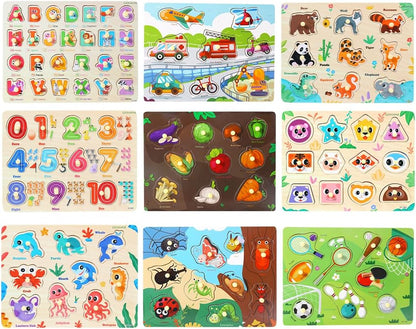 GRINNNIE 9 Pack Montessori Toddler Puzzle for 3 4 5 Years Old, Wooden Learning Puzzle for Toddlers