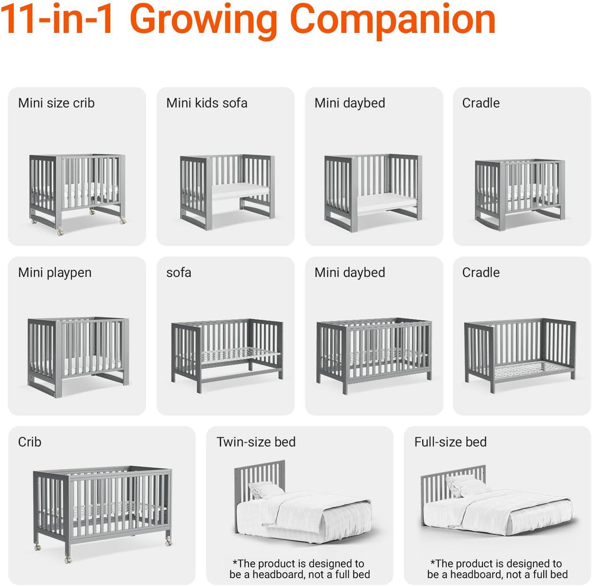 EvoNest Baby Crib, 11 in 1 Convertible Mini Crib with Wheels, 100% New Zealand Wood Growing Bed, 4