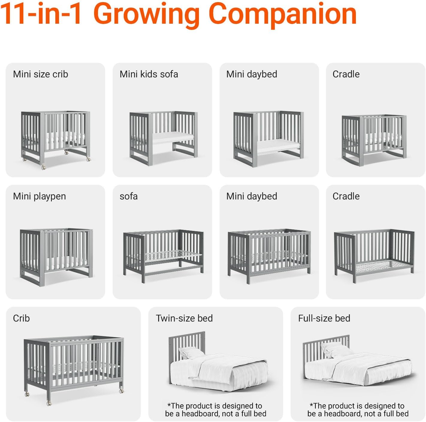 EvoNest Baby Crib, 11 in 1 Convertible Mini Crib with Wheels, 100% New Zealand Wood Growing Bed, 4