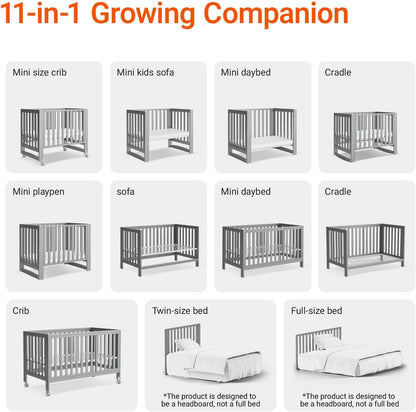 EvoNest Baby Crib, 11 in 1 Convertible Mini Crib with Wheels, 100% New Zealand Wood Growing Bed, 4