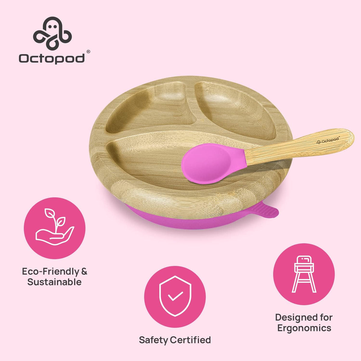 Abiie Octopod Bamboo Dish - Kids Plates for 4 months and up, 3-Compartment Baby Plates with