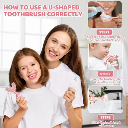 U-Shaped Toothbrush for Kids Ages 2-7，Soft Food-Grade Silicone for Sensitive Gums，360° Teeth