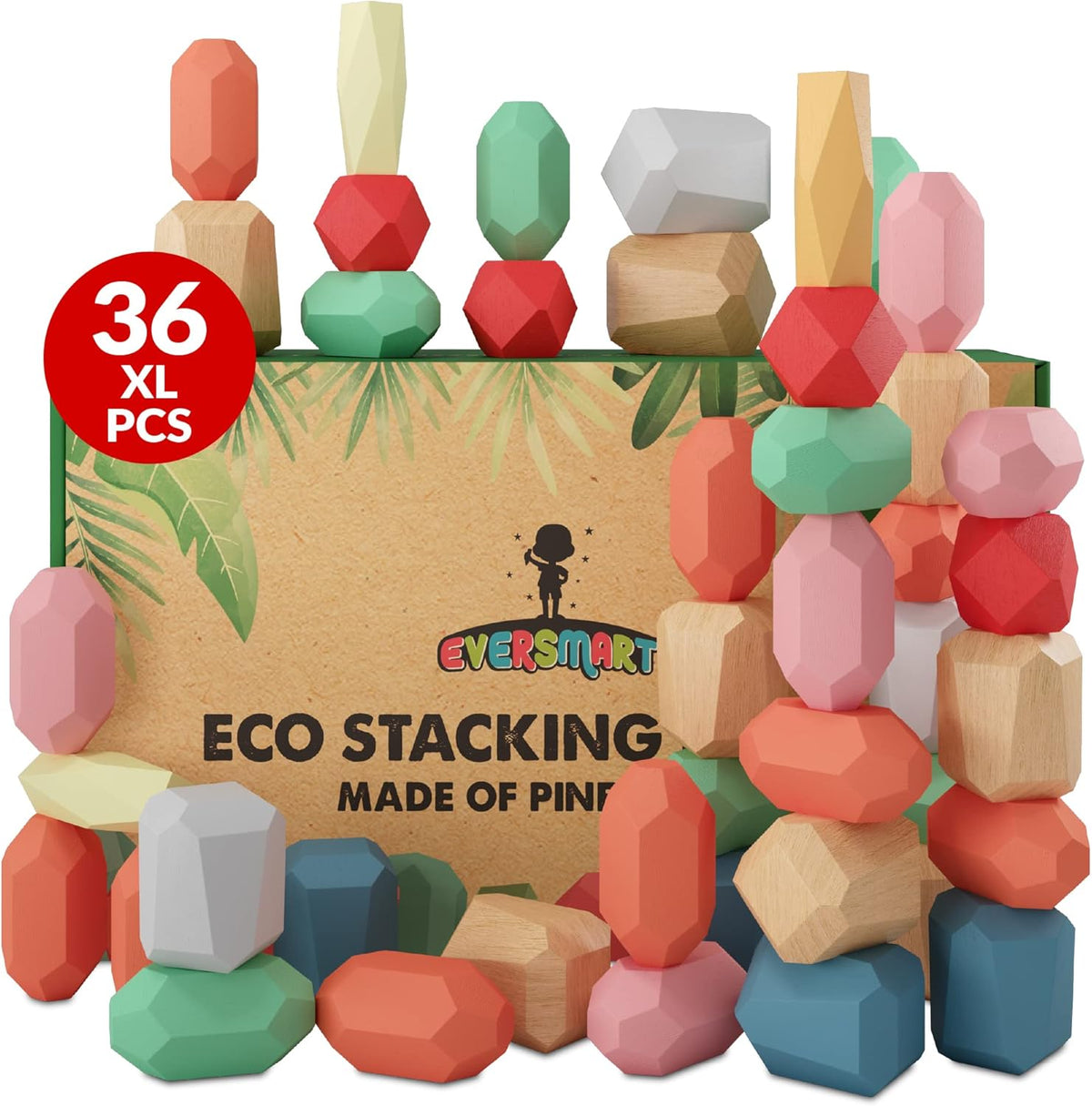 36 Pcs Wooden Stacking Blocks – Montessori Toys for 1 2 3 4 5 6 Year Old Toddlers and Kids, XL