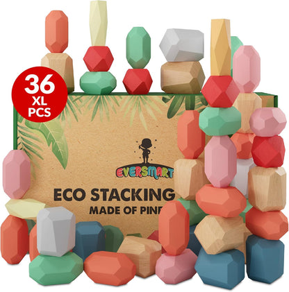 36 Pcs Wooden Stacking Blocks – Montessori Toys for 1 2 3 4 5 6 Year Old Toddlers and Kids, XL