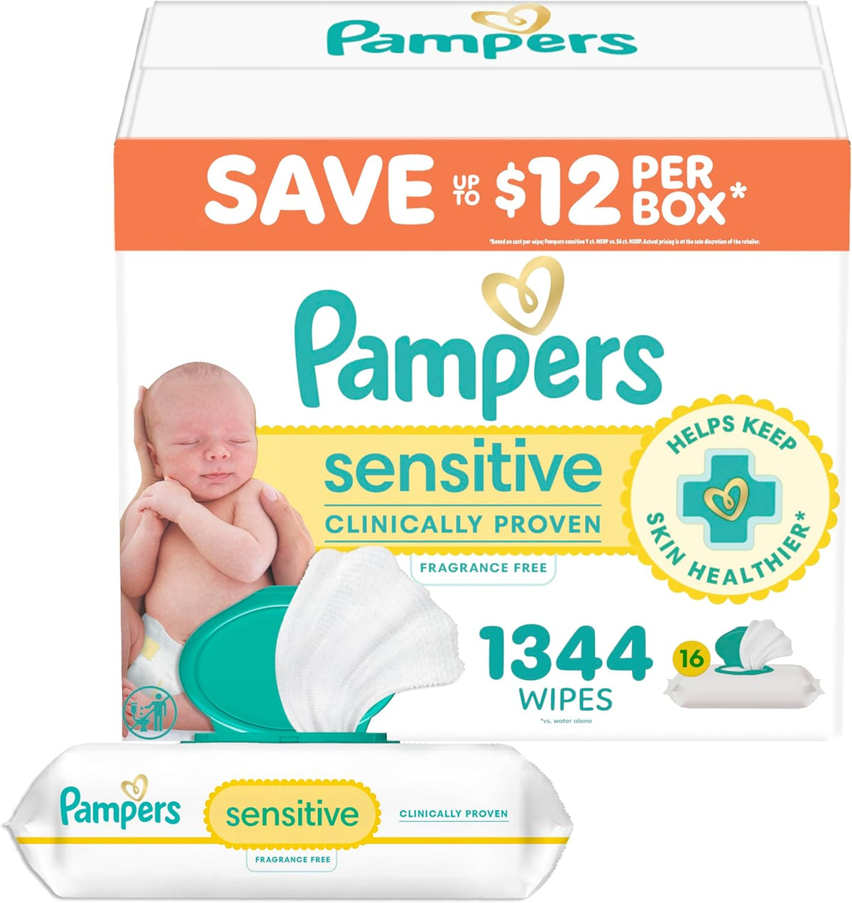 Pampers Baby Wipes, Sensitive, Water Based Wipe, Clinically Proven, Hypoallergenic, and Unscented