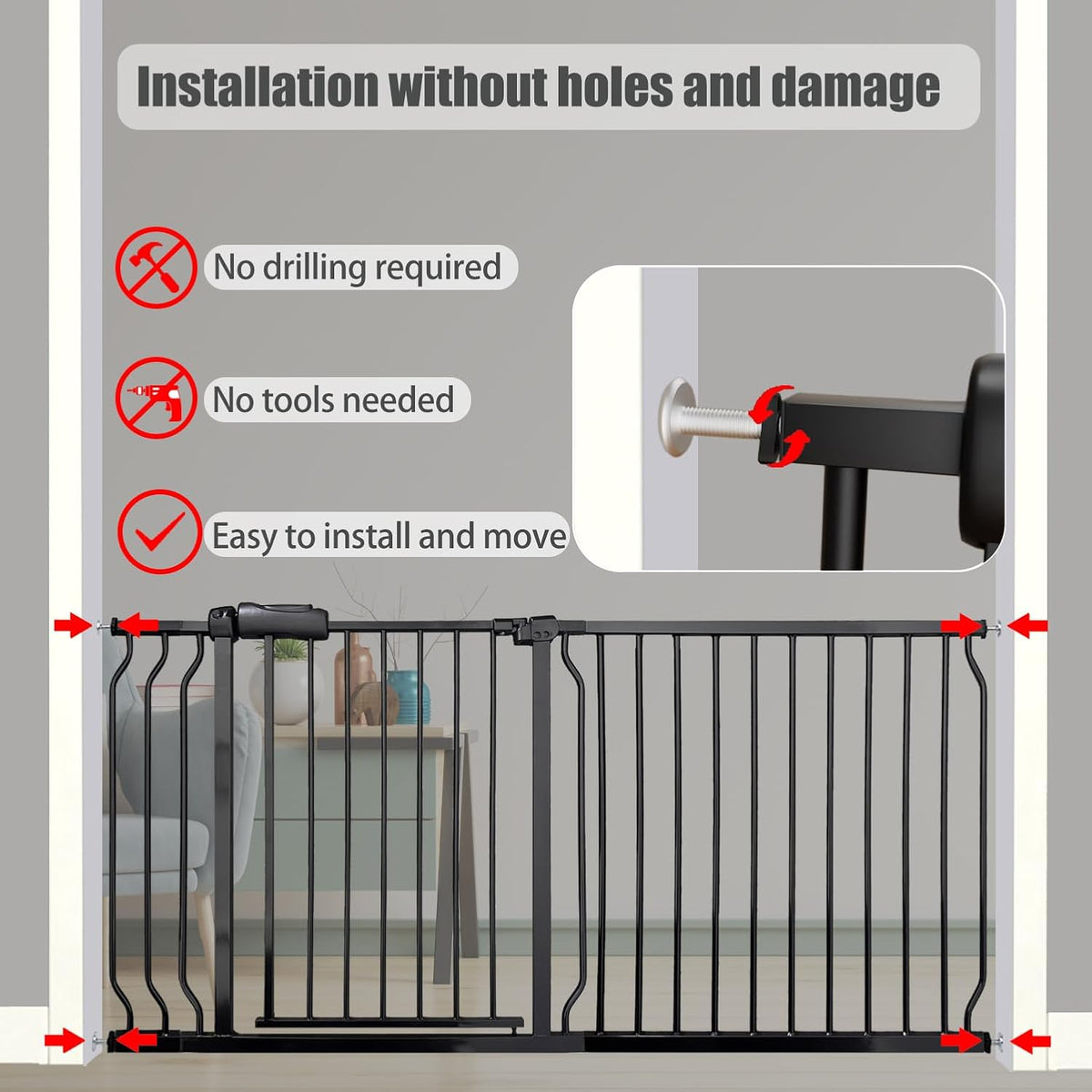 Heavy Duty Baby & Pet Safety Gate - Extra Wide 76.4-81.1 Inch, Black Metal, Pressure Mounted