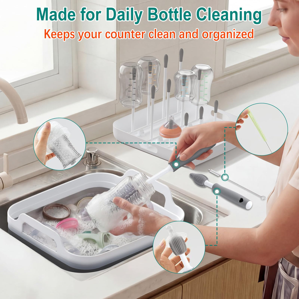 Yecuip Collapsible Baby Bottle Wash Basin w/Drying Rack & Drain Plug, Gray