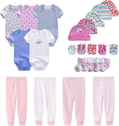 Newborn Layette Gift Set Bodysuits Pants for Baby Girl and Boy 24 Piece 100% Cotton Essentials and