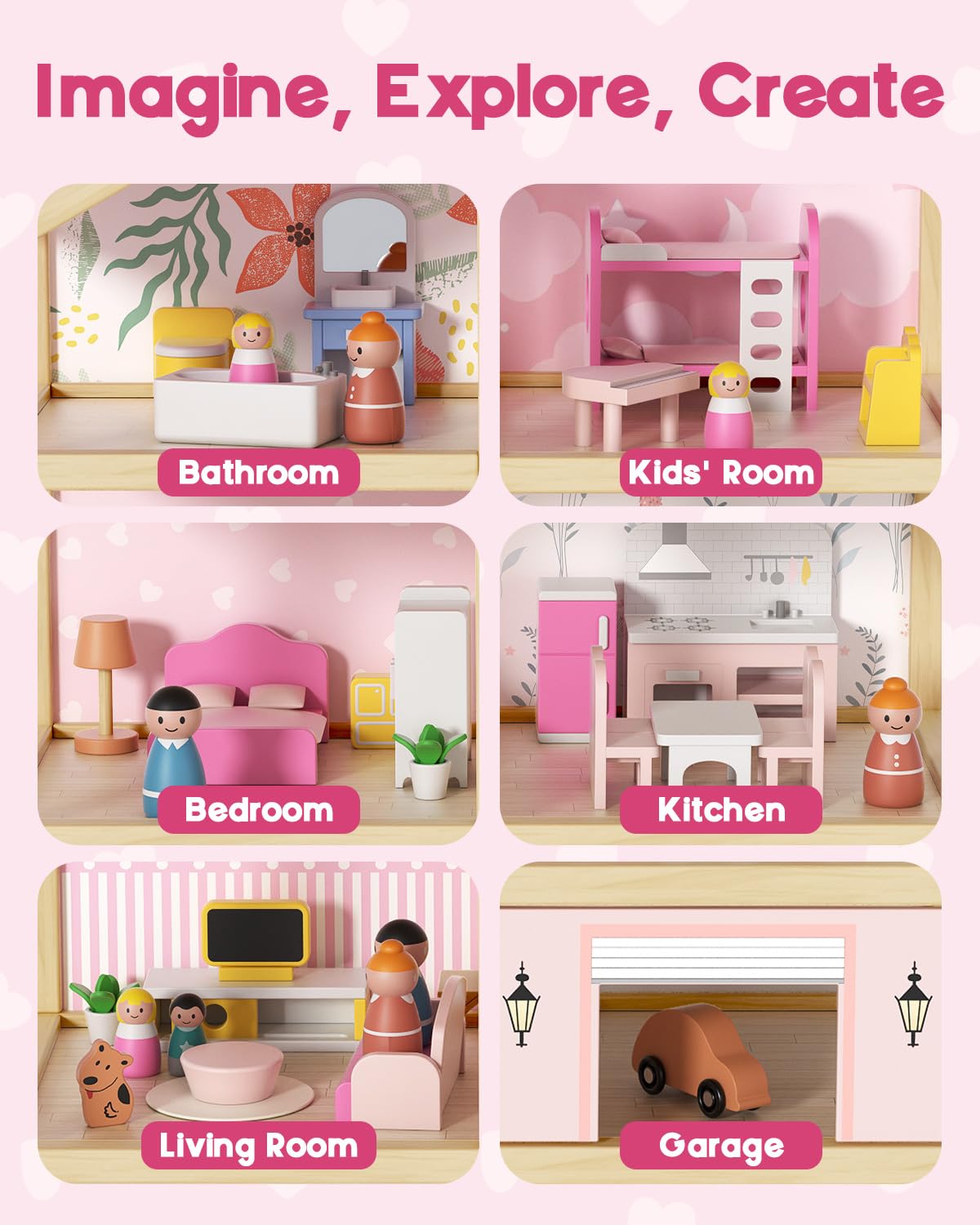 BIERUM Wooden Dollhouse for Girls, Doll House with 5 Rooms Play Toys, Pink