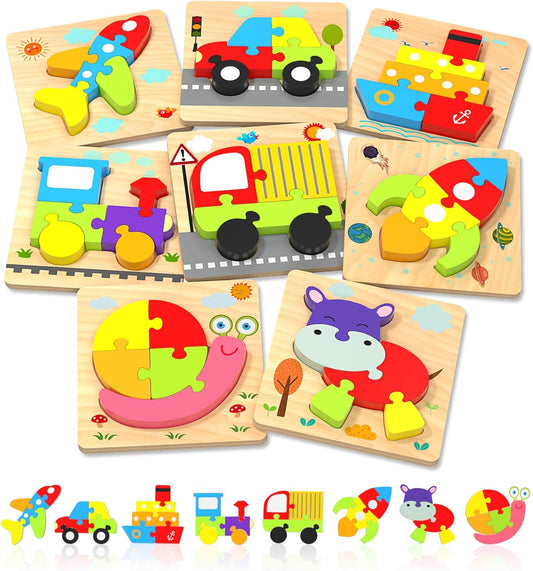 Yetonamr Wooden Toddler Puzzles Gifts Toys for 1 2 3 Years Old Boys Girls, 8 Vehicle Shape