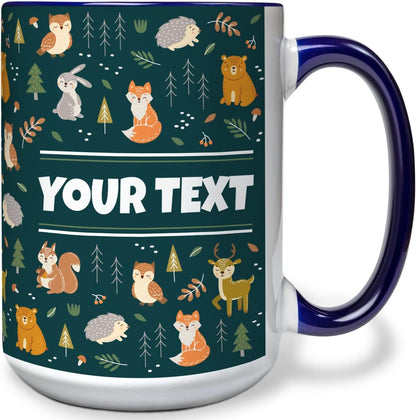 Personalized Mug for Kids - Woodland Animals - Custom Name/Text, Ceramic Hot Chocolate/Cocoa/Coffee