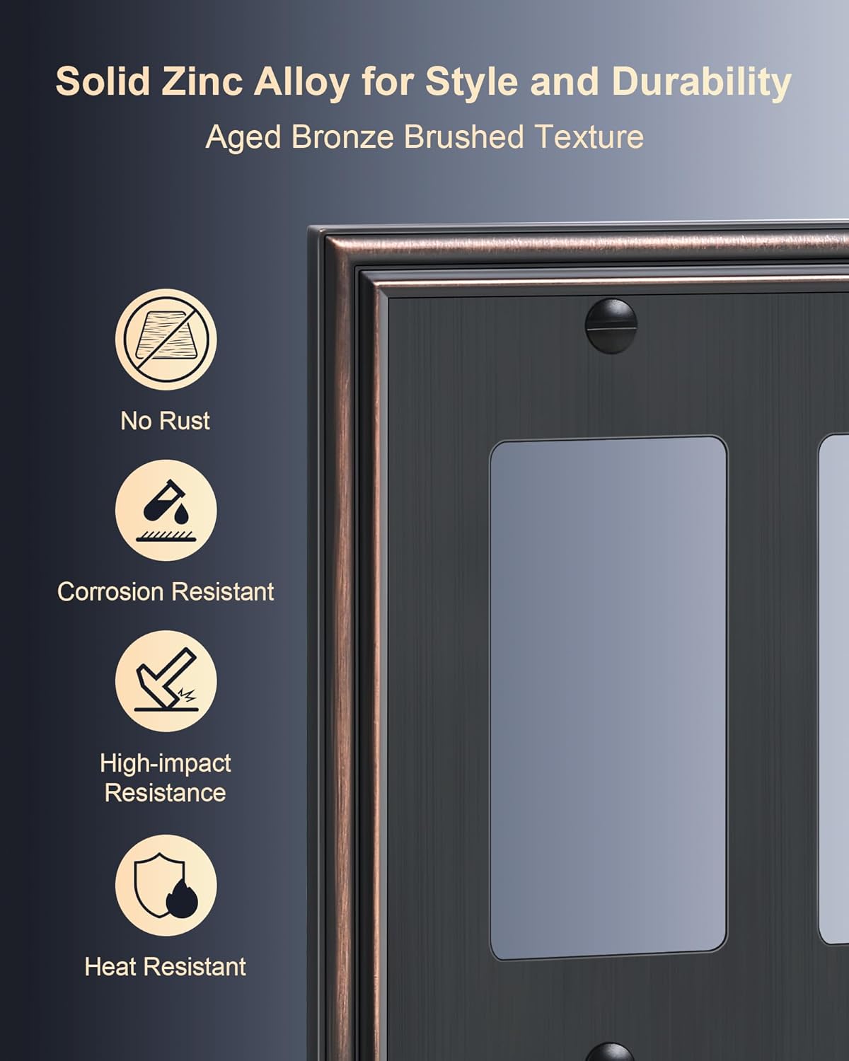 2-Pack Quad Decorator Outlet Cover Plate, Zinc Alloy Decorative Aged Bronze Switch Plates and