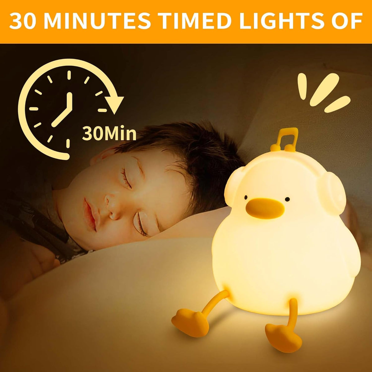 Duck Night Light, Squishy Silicone Nightlight for Baby Nursery with 30 Minutes Timer, Cute Duck