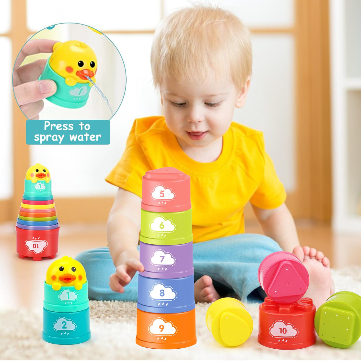 Qirptey Montessori Baby Toy,Stacking Cups Blocks Sensory Bin Teething Toys