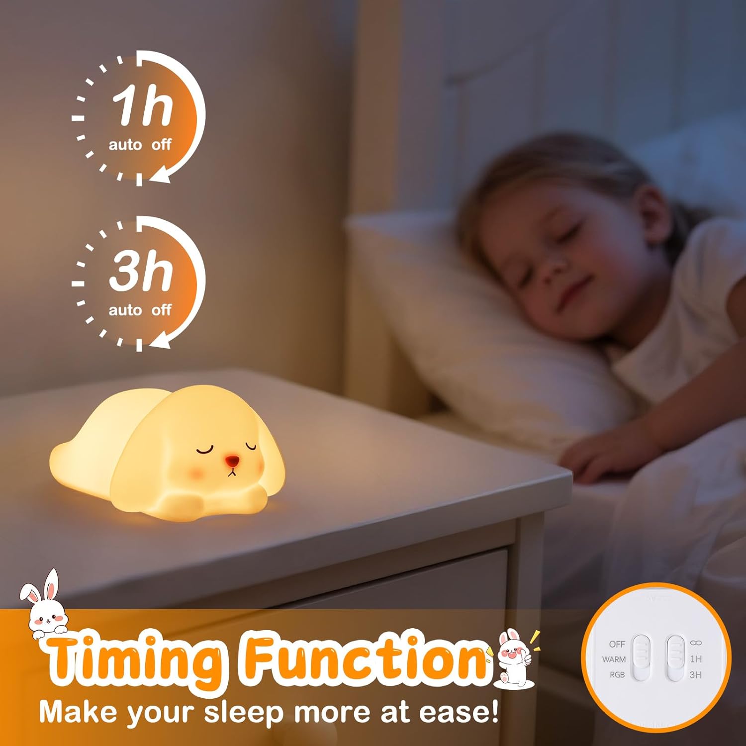 Tremdwoto Bunny Night Light for Kids - 16 Color Changing, Rechargeable Dimmable Nursery Lamp with