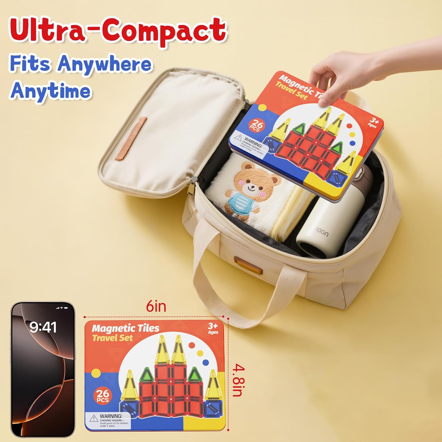Magnetic Tiles Travel Toys with Storage Case, Portable STEM Building Blocks for 3-8 Year Olds