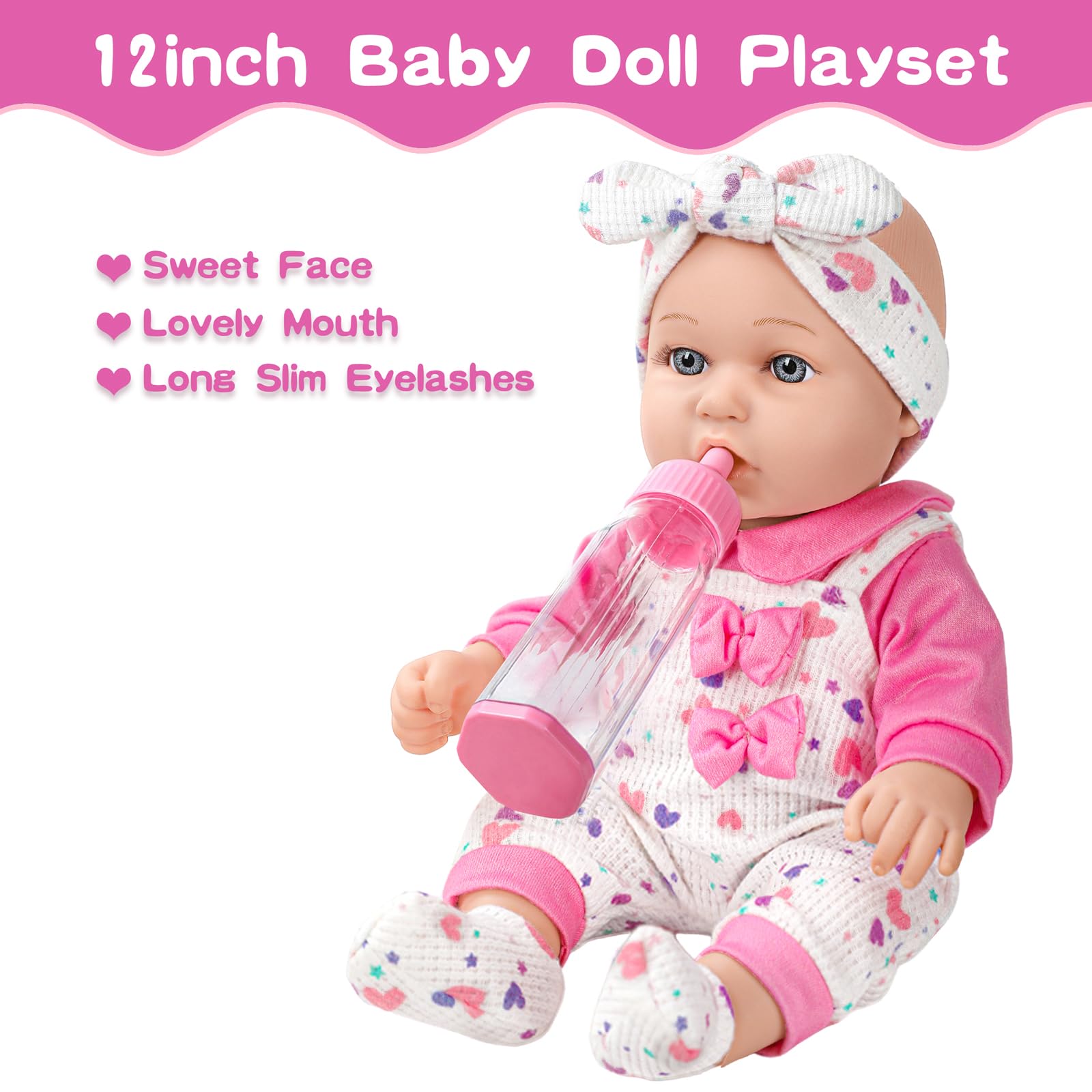 XFEYUE 12" Baby Doll with Pink Bowknot Clothing Set for 3+ Child Girls Gift