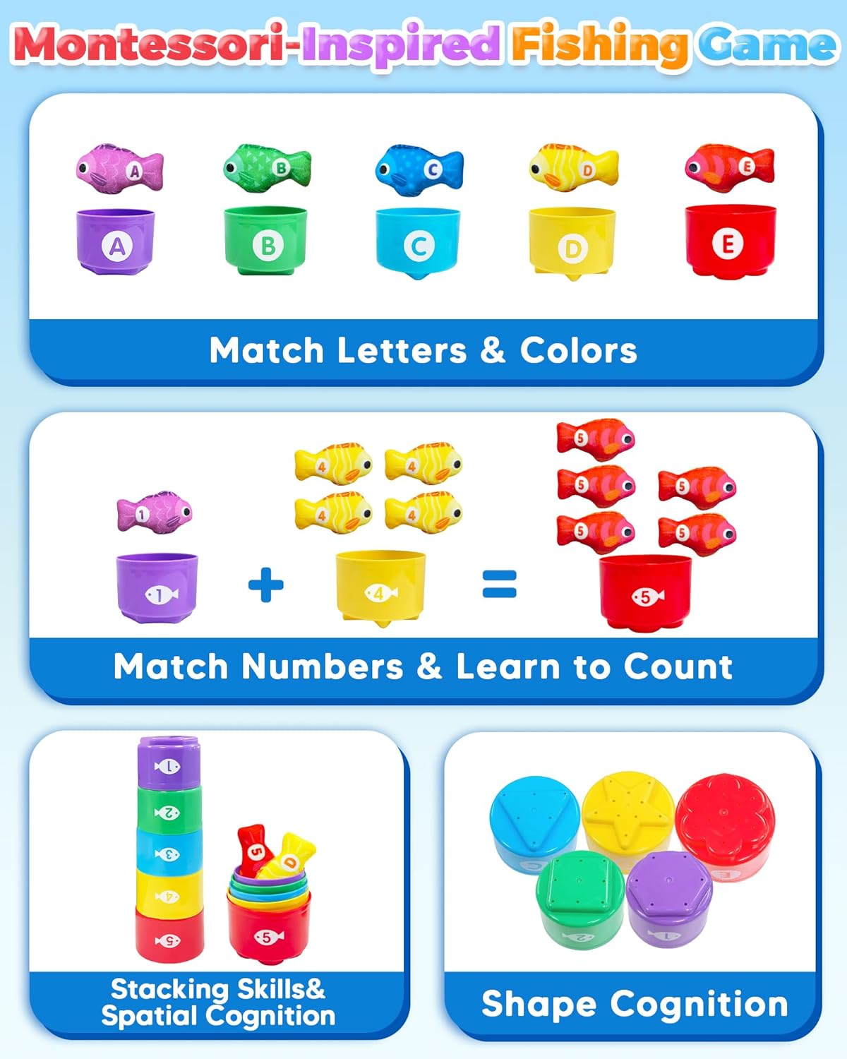 Montessori Toys for 1 Year Old, Toddler Fishing Game with Stacking Cups, Learning Educational Toys