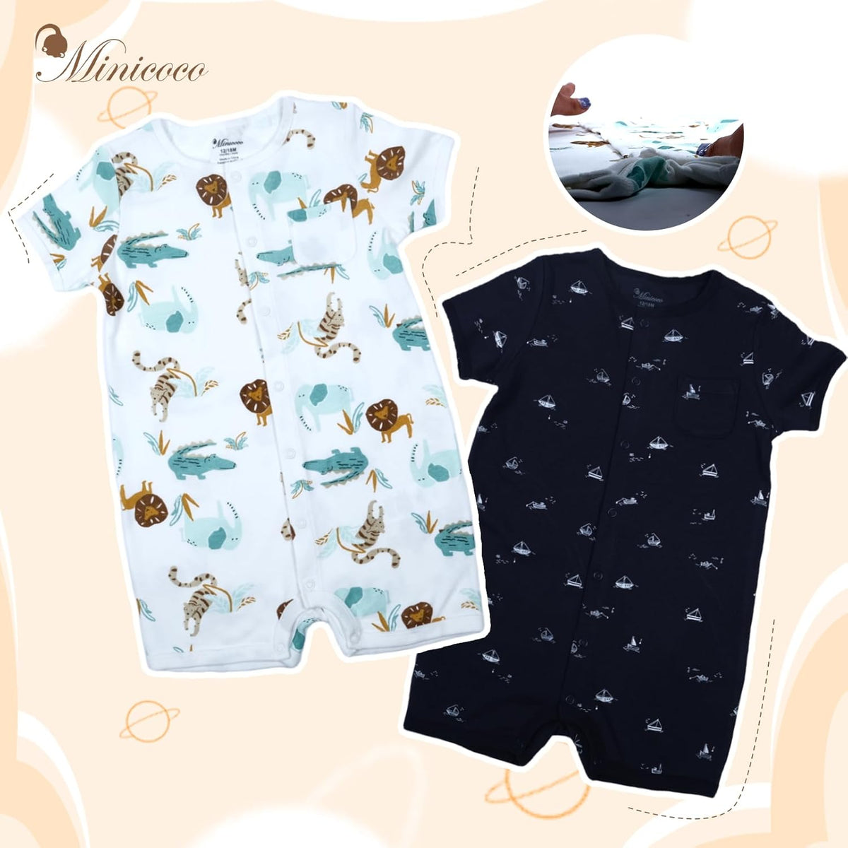 3-Pack 100% Cotton Baby Boy Rompers,0-24Months Short Sleeve Toddler Romper,Breathable Spring/Summer