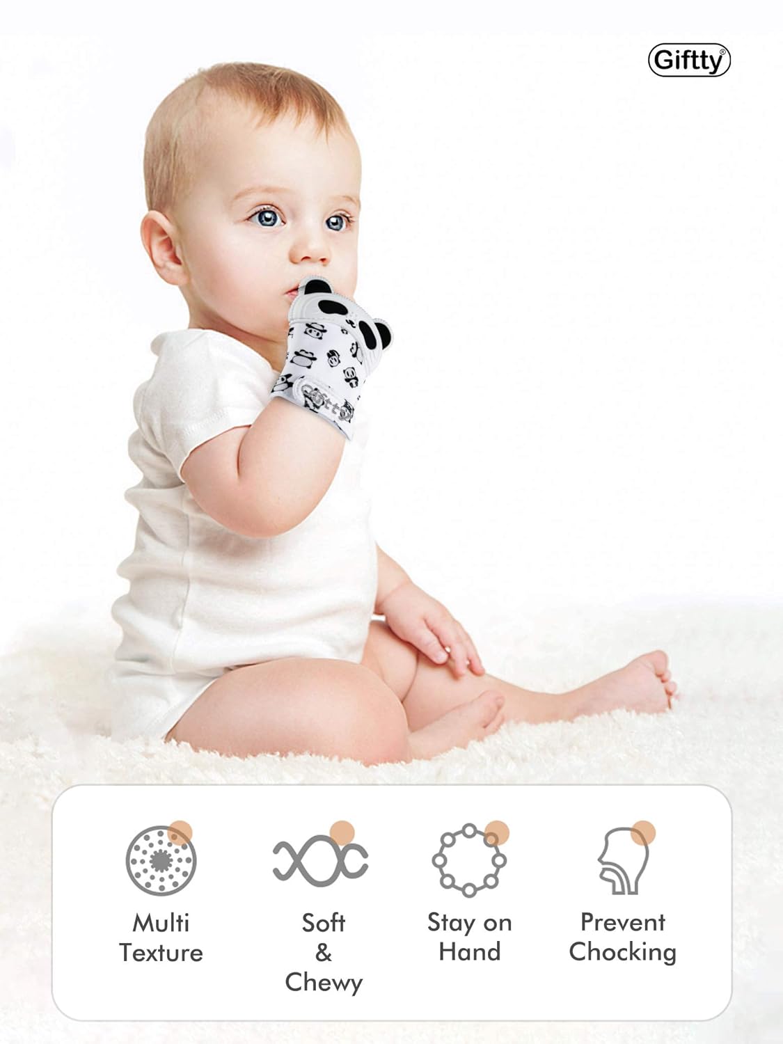 Giftty Baby Teething Mitten Panda Hand Teether Soothing Glove Wearable Teething Toy with Crinkle