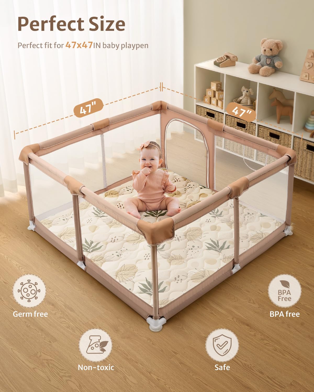 Blissful Diary Baby Play Mat, 47x47 Infant Play Mat for Playpen, Thicken Foam Cushioned Baby Mat