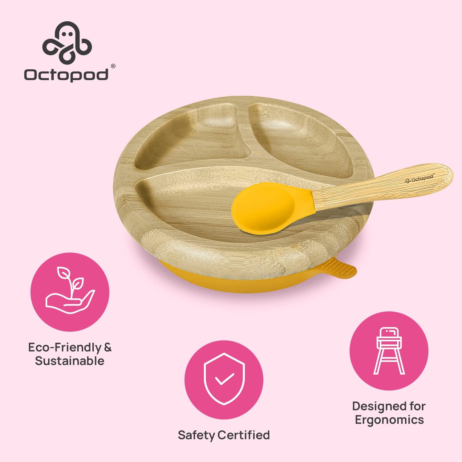 Abiie Octopod Bamboo Dish - Kids Plates for 4 months and up, 3-Compartment Baby Plates with
