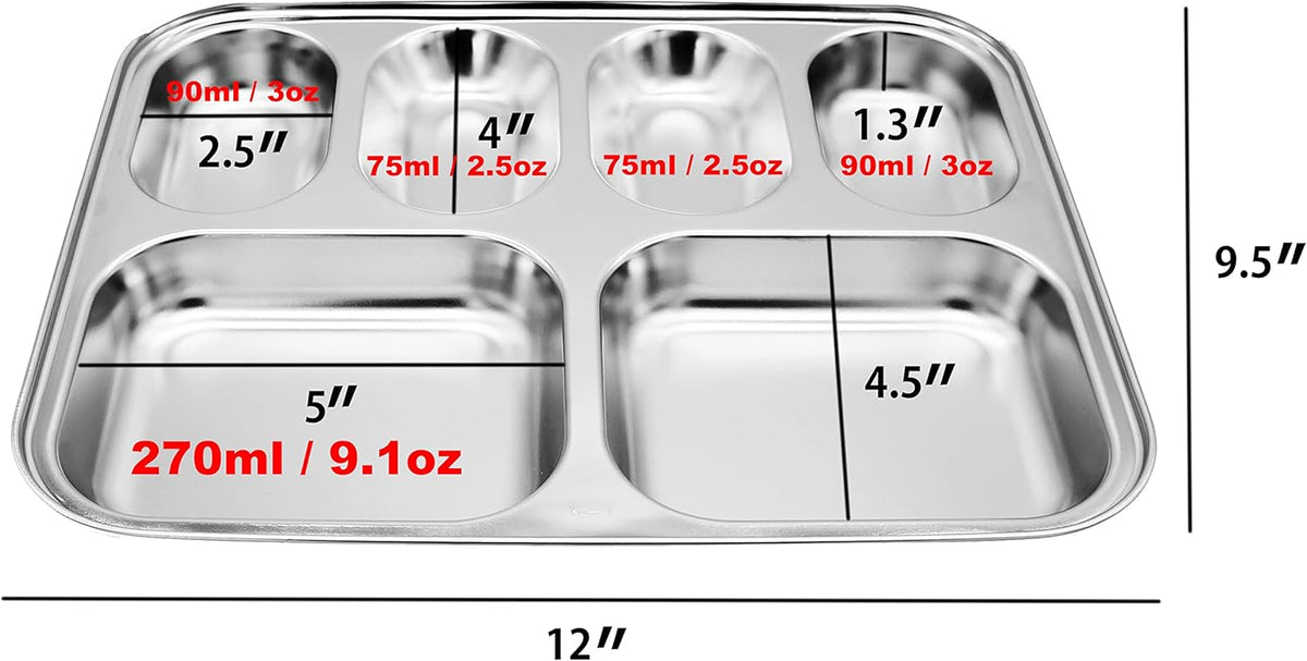 Korean Stainless Steel Divided Plates, Food Grade 304 Tray for Kids, Teens, Adults, Picky Eaters