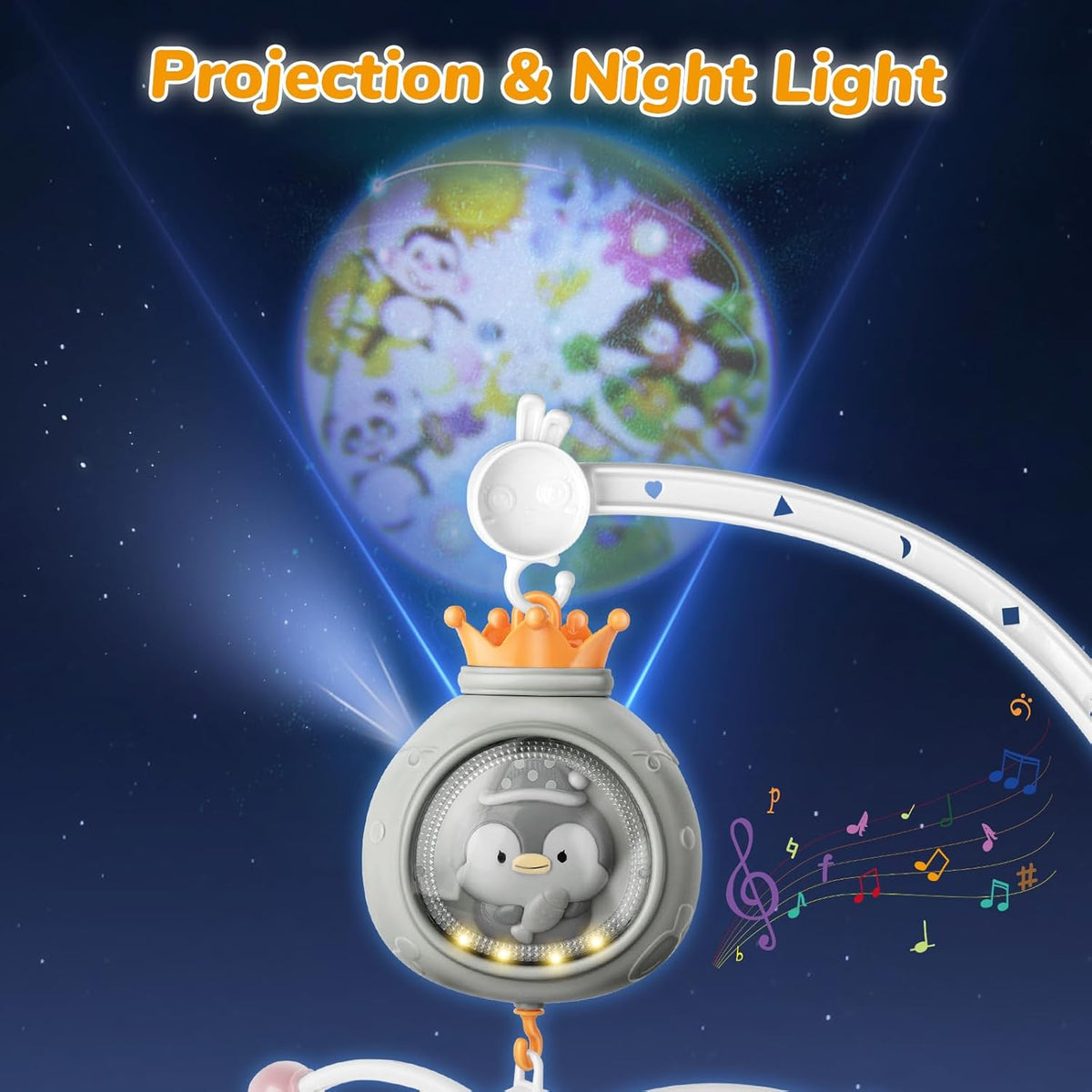 Crib Mobile with Music and Lights, Mobiles for Cribs, Baby Nursery Space Portable Infant Arm Hanger